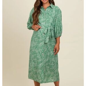Maternity Green Button Down Leaf Print Dress